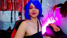 Look how sexy my blue hair and black lingerie are while I read them devils ??