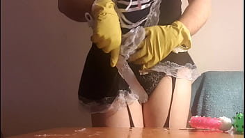 French Maid Sissy Slut Splosh and Plays With Tits in Rubber Gloves