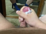 Fat boy shoots a quick load while wearing his long blue socks