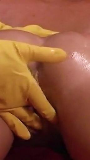 Ass Fingering with Rubber Gloves During Massage