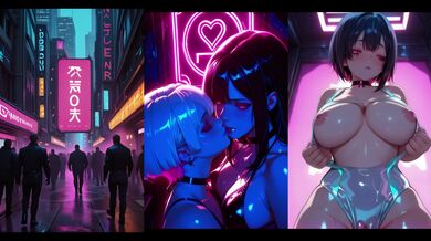Big lezbot fingering and nipple sucking in cyberpunk Neon City