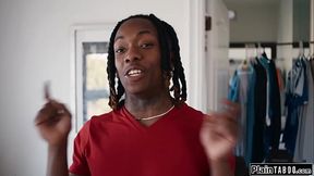 Petite tattooed girl shocked by big black cock in closet