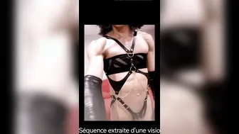 Amateur crossdresser in latex and stockings strokes big cock in high heels