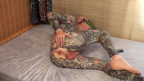 video 2 : 2 - leeharper pinnomen – the fully body tattooed adult male model - performed on the blue mattress as he was hired to put his nude male body on full display to satisfy his partygoers !