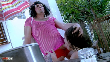 Cross dressing whore hardly fucking her mistress
