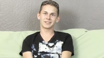 Blonde twink gets naked and jerks off at gay casting couch