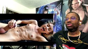 gorgeous transgender blonde girl with a cock ring explodes with cum all over her petite body, ai generated