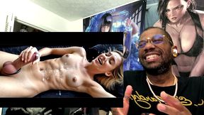 gorgeous transgender blonde girl with a cock ring explodes with cum all over her petite body, ai generated