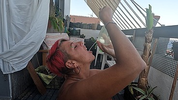 Drinking cum & piss cocktail from a condom