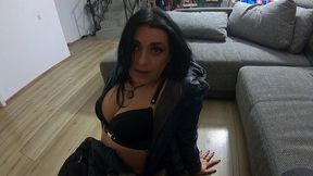 deep blowjob, spit play & double cum on my downjackets – leather boots & tanga tease