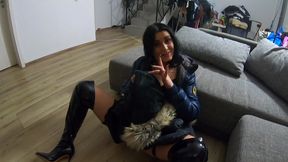 deep blowjob, spit play & double cum on my downjackets – leather boots & tanga tease