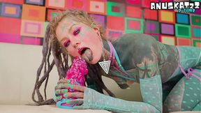 Tattoo Girl Squirt Games - ANAL gapes and prolapse and big Dildos