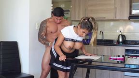 Stepsister Looks for Her Stepbrother's Cock Under the Table! Ends up with Her Pussy Filled with Cum