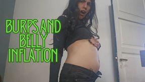 Drinking red juice then burps and showing my bloated belly doing inflation while wearing low waist jeans. Standing and sitting