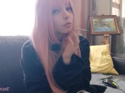 Beautiful Pink Hair Egirl Smoking in black pyjama (full vid on my ManyVids/0nlyfans)