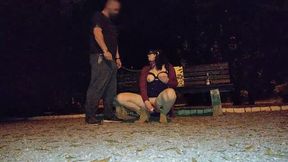 Hot milf in law training in public with dog leash having big orgasm with dildo