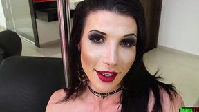 Raven-haired TS vixen flaunts skills on the stripper pole