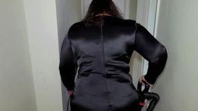 Satin dress and seamed stockings tease