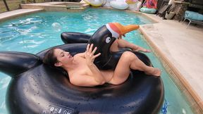Aquaphilias- Sexy Indica Rides Drake the Huge Black Inflatable Swan Barely Naked in the Pool