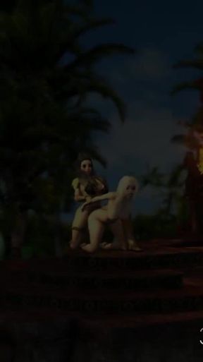 Amazons. A sexy blonde has anal sex with 3d hot dick-girl on the island