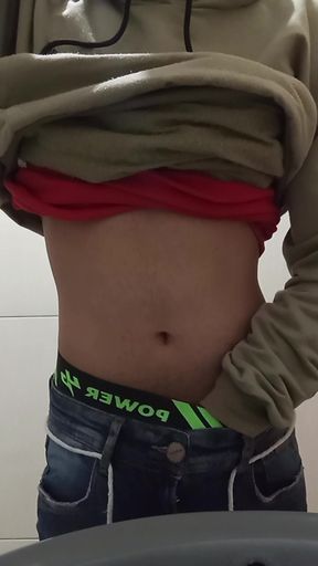 young virgin in college bathroom