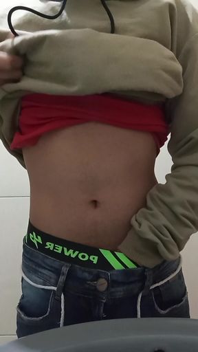 young virgin in college bathroom