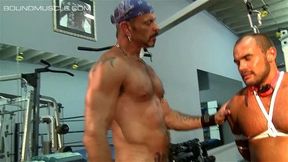 BoundMuscleJocks: Colin Steele Torments Jessie Balboa With Crop Electro And Ball Crusher