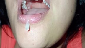 I squeeze all the milk out of her mouth and swallow all her cum