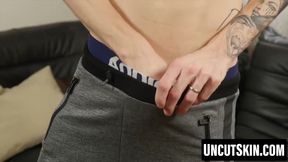 Cute Jerome James fists his thick uncut shaft