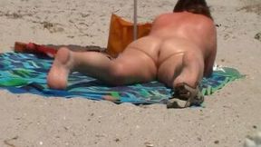 Old fat hubby strokes his BBW wife's huge ass on nude beach