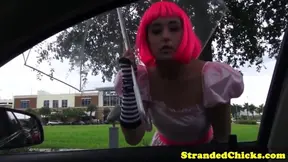 Stranded cosplay teen swallows in pov action