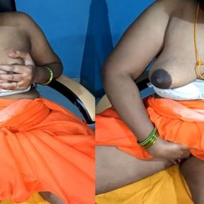 Desi Orange Saree Aunty Fingerings In Pussy Clitoris Deeply Saggy Tights Showing Boobs Puffy Nipples Massage