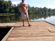 Hairy Ginger playing with dick at the river and on the dock