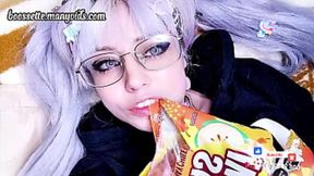 Blonde babe devours chili gummy worms off her piggy tail, ahegao style.