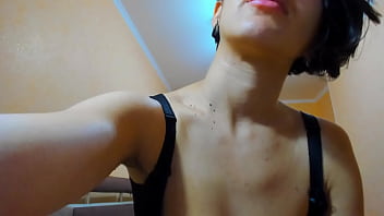 Hot brunette wears bra, plays her tits and walks naked!