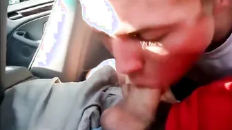 Young twink gives amateur blowjob in car and swallows cum