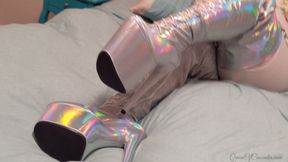 Iridescent Thigh High Boots in Bed