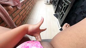 Sexy girl masturbates her pussy with her fingers in an open balcony (Female POV)