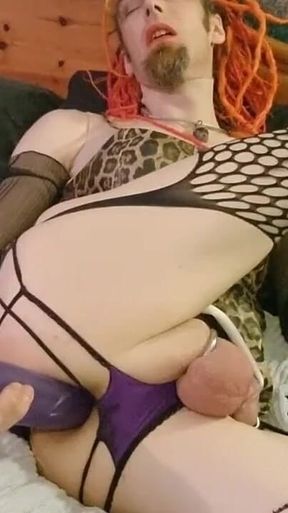 Playing with a 16 Dildo in a Leopard Print Pvc Dress Extreme Anal