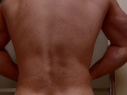 HAIRY MUSCLE BEAR FLEXING BEFORE SHOWER