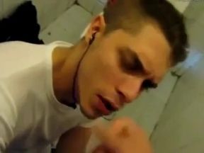 Boy sucking cock and eating cum in restroom