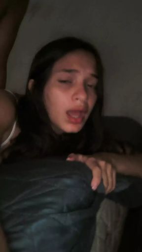 Brazilian woman being rolled up from behind, shows her face full of desire to be fucked