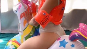 Riding Intex Inflatable Unicorn in Vest & Armbands (Extreme Close-Ups!)