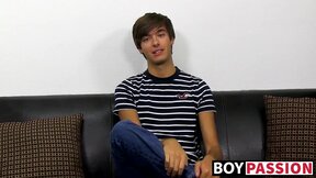 Young dude with bangs pleases himself after the interview