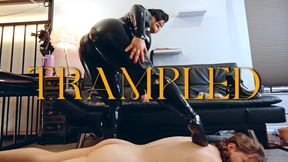Trampled: slave stepped on and kicked around by mistress in full latex catsuit and latex socks