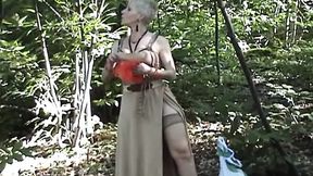 French femme fatale satisfies three massive cocks in the woods