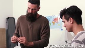 Big beard daddy shoves his dick in stepsons tight ass