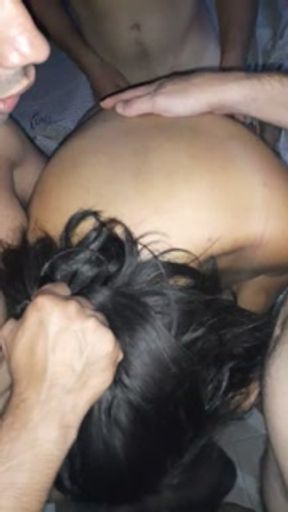 Hard in the ass in four while sucking two more cocks