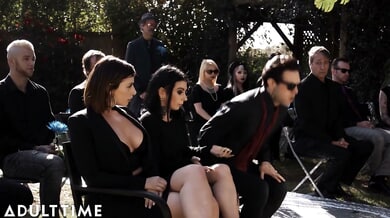 Gothic wife Marley Brinx takes Steve Holmes deep in a public garden encounter