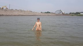 Girl Bathes Naked in the River and Masturbates on the Shore